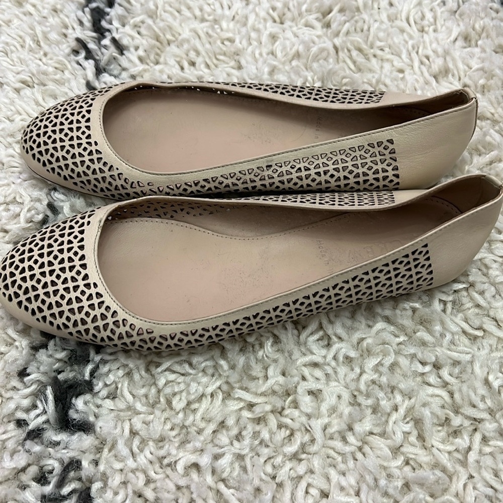 Gently worn JCrew perforated leather ballet flats in beige